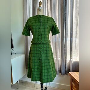 Vintage Alex Colman 1960s Green Grid Print Two- Piece Skirt Set